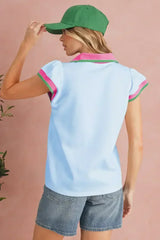 Beau Blue Color Collared V Neck Ruffle Sleeve Blouse | Femstylo - Femstylo