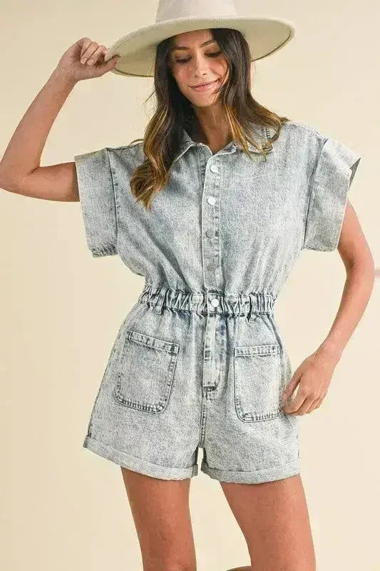 Annie Wear Elastic Waistband Short Sleeve Denim Romper - Femstylo