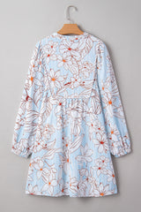 Brown Floral Print Tie Neck Long Sleeve Mini Dress