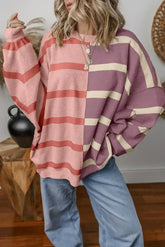 Pink Striped Patchwork Drop Shoulder Sweater - Femstylo