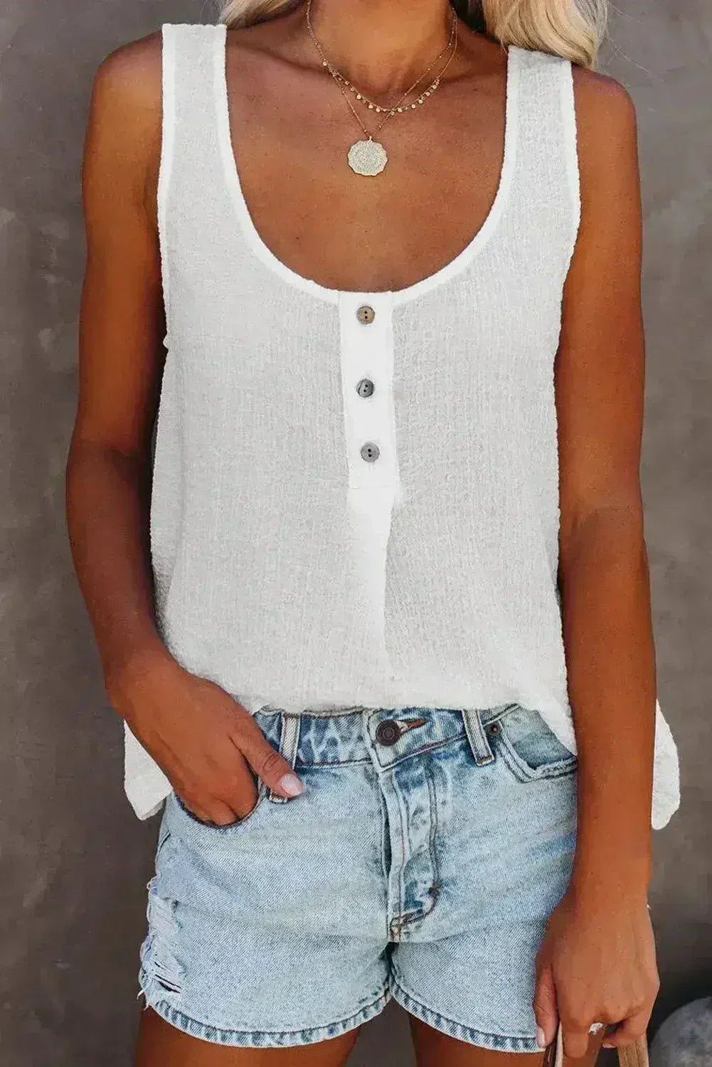 Button Textured Cotton Tank Top - Femstylo