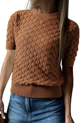 Straw Yellow Fish Scale Textured Knit Ribbed High Neck Short Sleeve Sweater