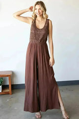 First Love Tie Back Sleeveless Slit Wide Leg Jumpsuit - Femstylo