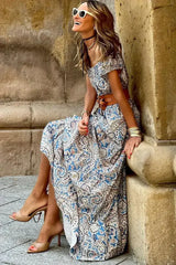 Blue Boho Paisley Print Off Shoulder Maxi Dress - Femstylo