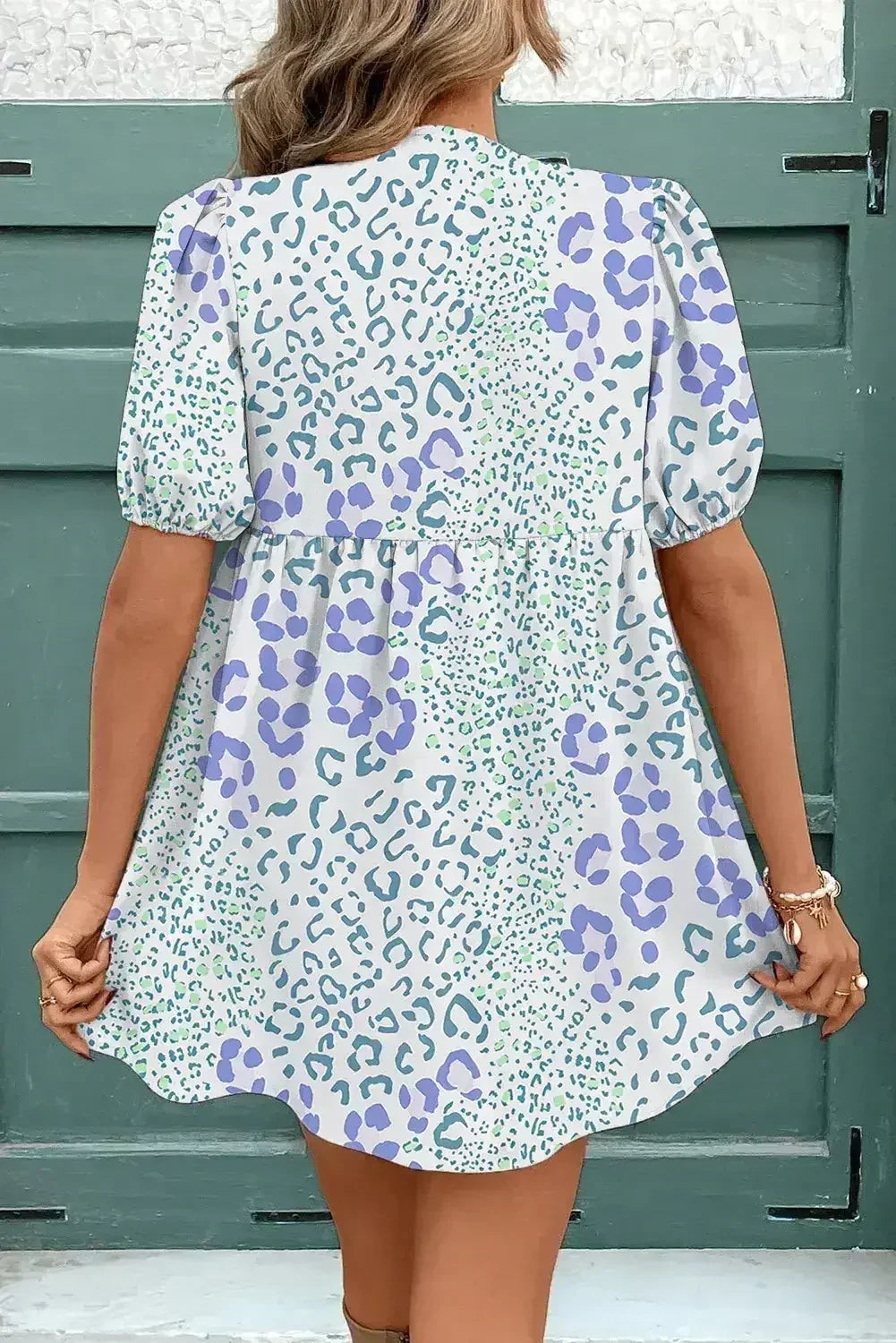 Sky Blue Leopard Bow Front Puff Sleeve Mini Dress - Femstylo