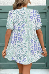 Sky Blue Leopard Bow Front Puff Sleeve Mini Dress - Femstylo