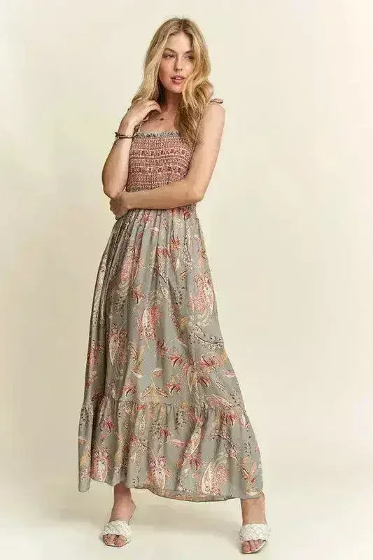 ADORA Smocked Printed Square Neck Tie Shoulder Cami Dress - Femstylo