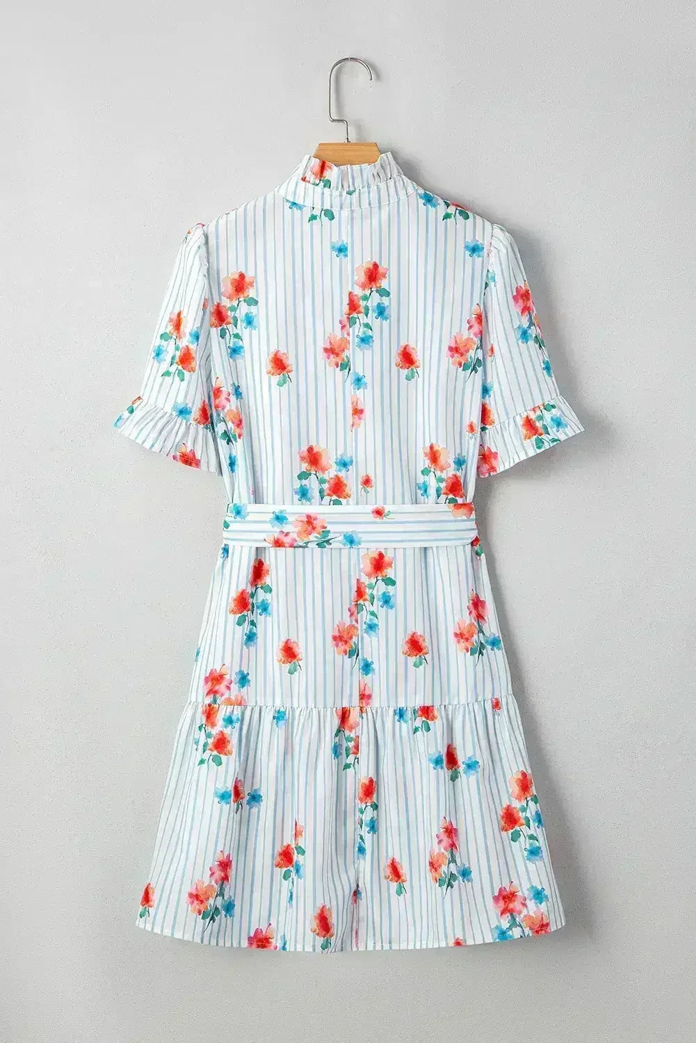 Sky Blue Striped Floral Print Ruffle Belted Mini Dress - Femstylo