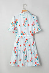 Sky Blue Striped Floral Print Ruffle Belted Mini Dress - Femstylo