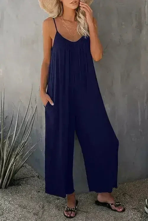 Casual Dark Blue Spaghetti Straps Pocketed Wide Leg Jumpsuits - Femstylo