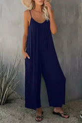 Casual Dark Blue Spaghetti Straps Pocketed Wide Leg Jumpsuits - Femstylo