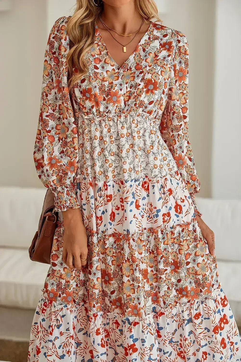 Khaki Floral Print Ruffled Tiered Long Sleeve V Neck Midi Dress - Femstylo