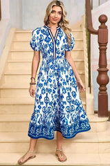Blue Floral Ruffle Hem Pop of Color Neckline Dress - Femstylo