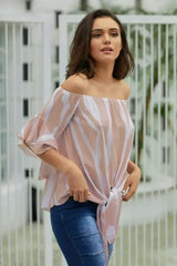 Off The Shoulder Pink White Vertical Stripes Blouse - Femstylo