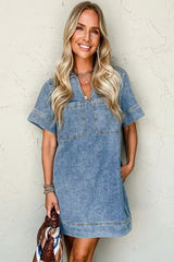 Beau Blue Short Sleeve Collared Chest Pocket Denim Mini Dress - Femstylo