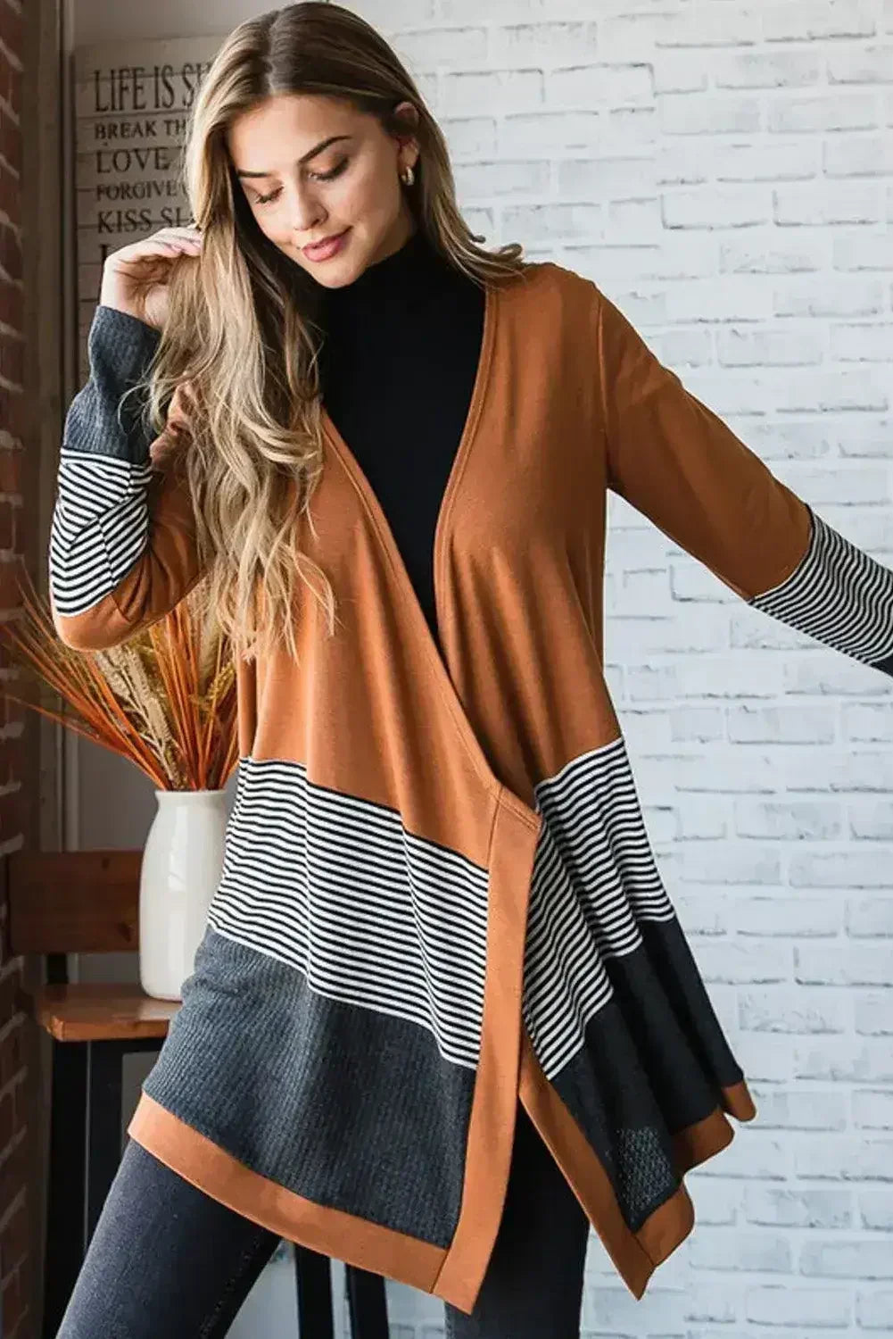 Orange Colorblock Striped Patchwork Open Cardigan - Femstylo