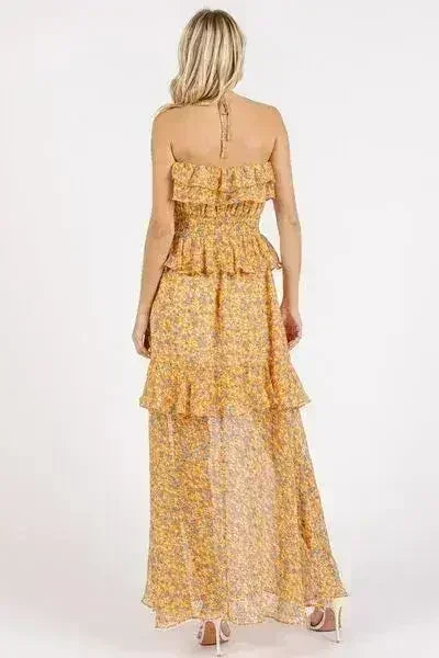 Mittoshop Ruffled Smocked Floral Halter Neck Maxi Dress - Femstylo