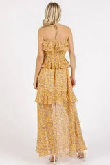 Mittoshop Ruffled Smocked Floral Halter Neck Maxi Dress - Femstylo