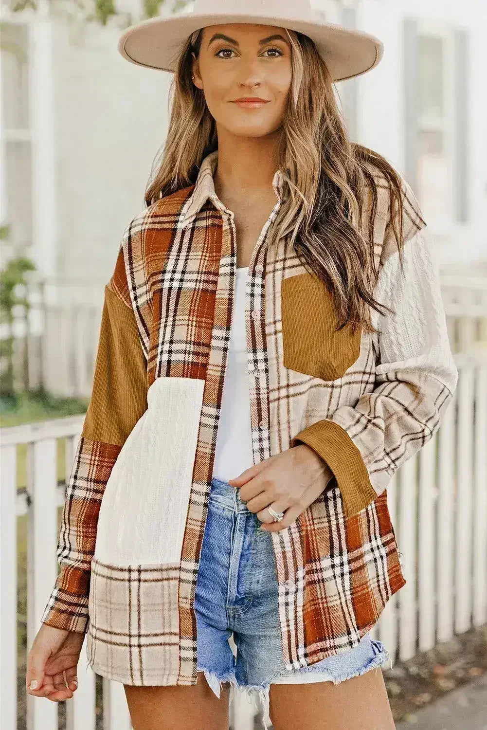 Plaid Color Block Patchwork Shirt Jacket with Pocket - Femstylo