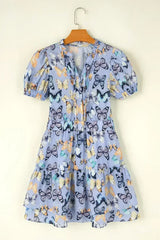 Purple Butterfly Print Short Puff Sleeve Pleated Ruffle Dress - Femstylo