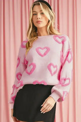 Pink Heart Shape Bubble Sleeve Baggy Sweater - Femstylo