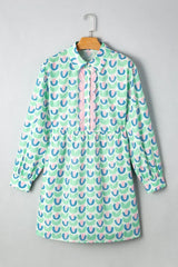 Green Floral Print Scallop Trim Pocket Mini Dress