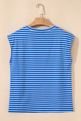 Black Stripe Ribbed Cap Sleeve Round Neck T Shirt