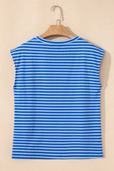 Black Stripe Ribbed Cap Sleeve Round Neck T Shirt