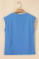 Black Stripe Ribbed Cap Sleeve Round Neck T Shirt - Femstylo