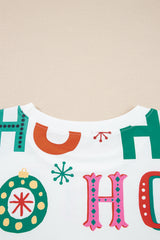 White Plus Size Christmas Ho Ho Ho Print Long Sleeve Top and Shorts Pajama Set