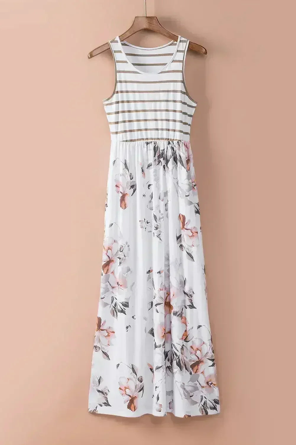 White Boho Stripes & Floral Print Floor Length Tank Dress - Femstylo