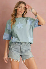 Aruba Blue Frayed Star Patched 4th of July Oversize T Shirt - Femstylo