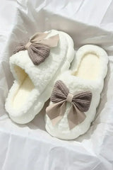 White Contrast Bowknot Applique Plush Winter Slippers - Femstylo