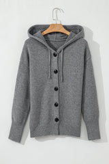 Medium Grey Hooded Button Up Drop Shoulder Sweater Cardigan