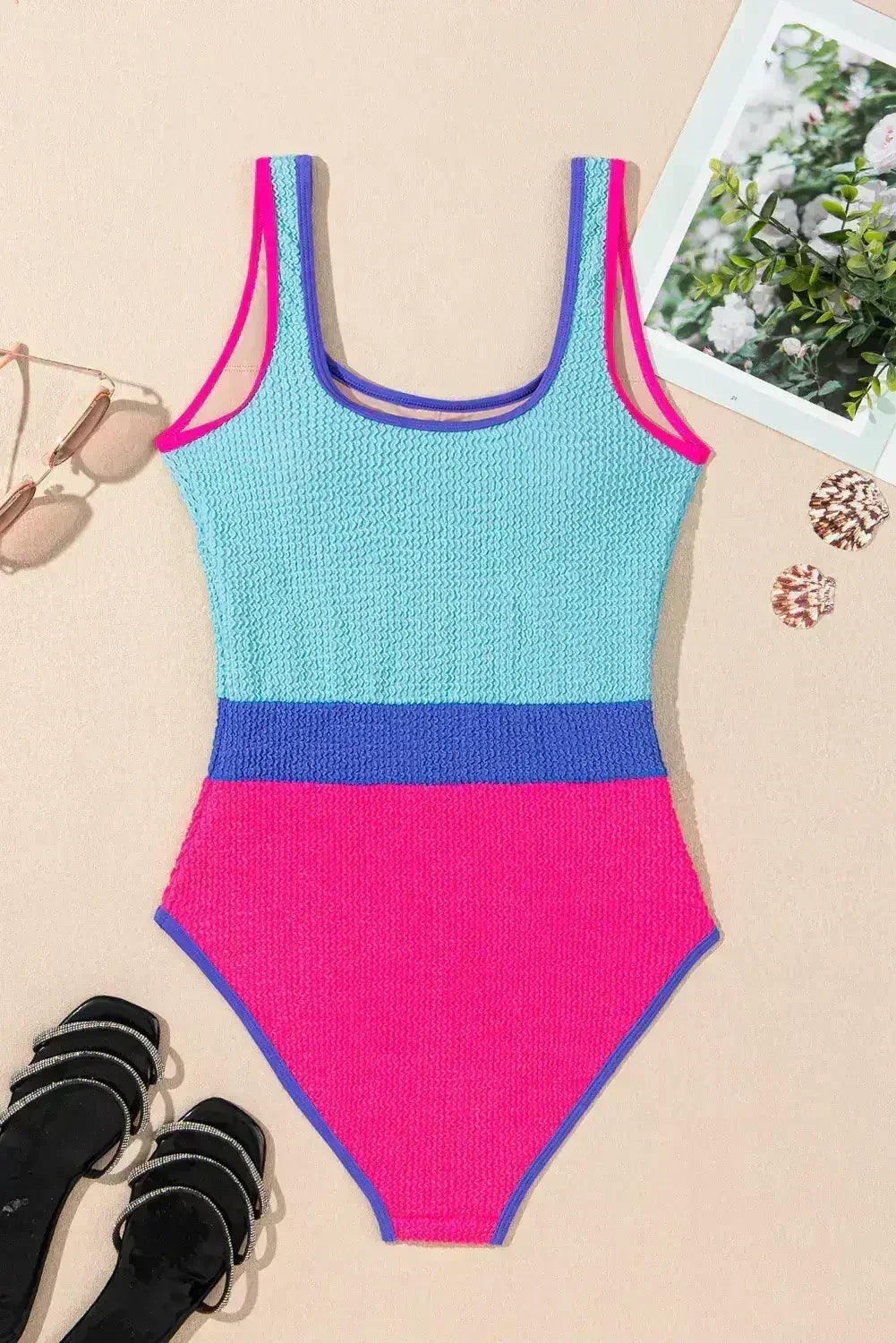Rose Red Textured Colorblock One Piece Swimsuit - Femstylo