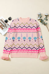 Multicolour Ethnic Christmas Pattern Knit Feather Cuffed Sweater