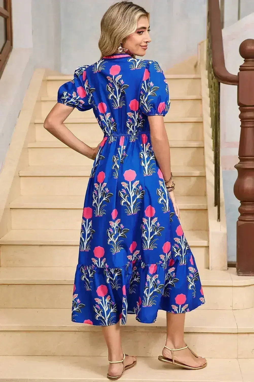 Blue Floral Ruffle Hem Pop of Color Neckline Dress - Femstylo