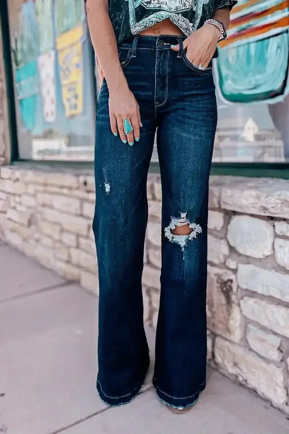 Real Teal High Rise Ripped Bell Bottom Jeans - Femstylo