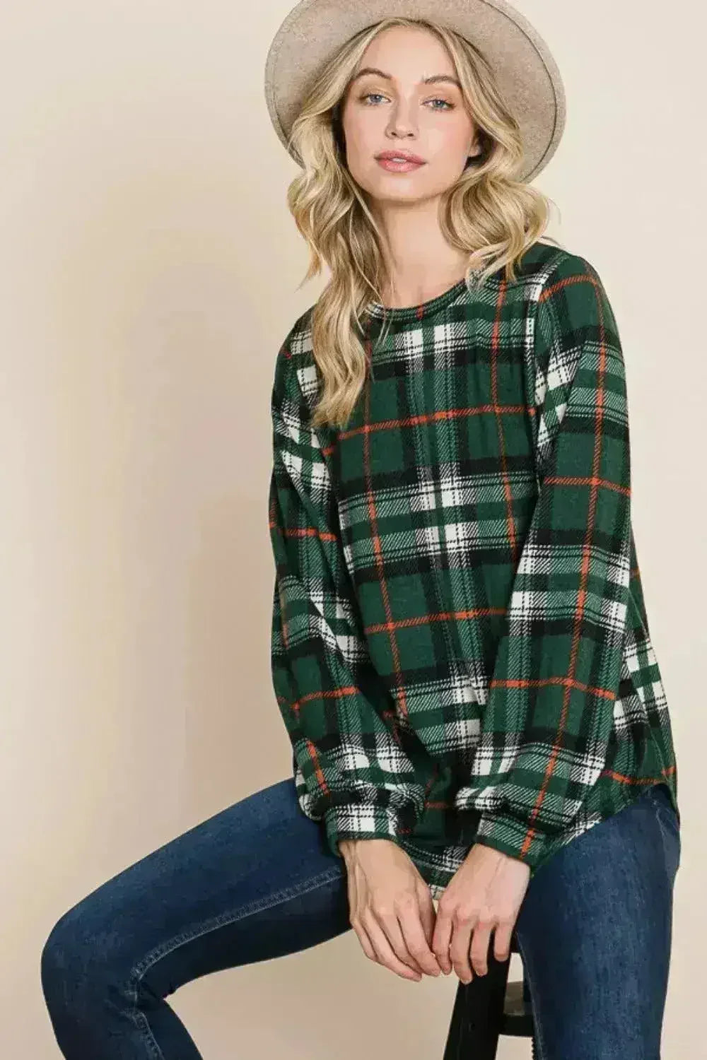 BOMBOM Curved Hem Plaid Round Neck Long Sleeve Top - Femstylo