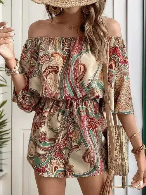 Printed Off Shoulder Half Sleeve Romper - Femstylo
