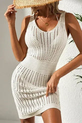 White Eyelet Crochet Sleeveless V Neck Beach Dress - Femstylo