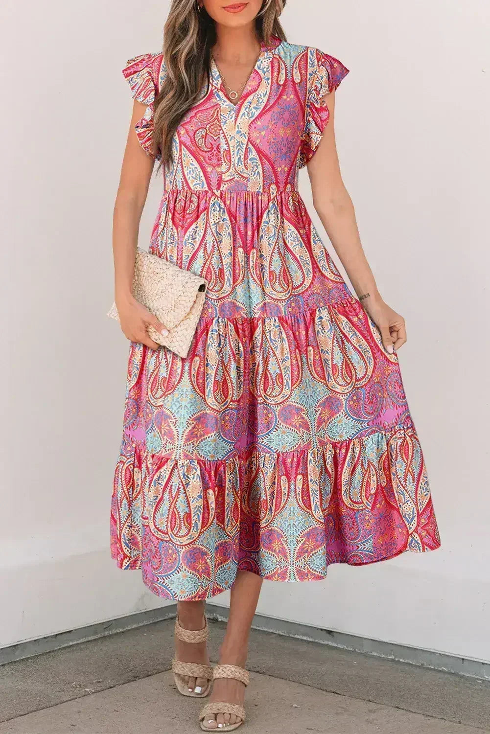 Rose Ethnic Paisley Print Ruffle Sleeve Notch Neck Midi Dress - Femstylo