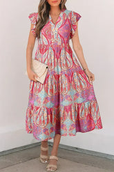 Rose Ethnic Paisley Print Ruffle Sleeve Notch Neck Midi Dress - Femstylo