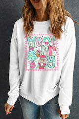 White Merry Christmas Fashion Graphic Heat Transfer Printing Cotton Blend Sweatshirt