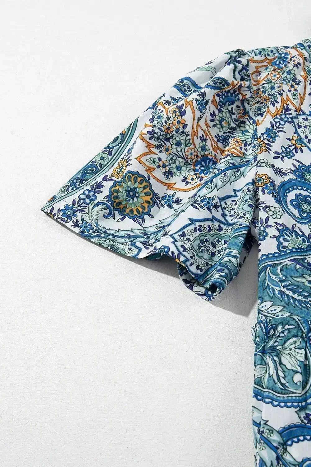 Blue Bohemian Paisley Floral V Neck Puff Sleeve Mini Dress - Femstylo