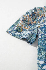 Blue Bohemian Paisley Floral V Neck Puff Sleeve Mini Dress - Femstylo