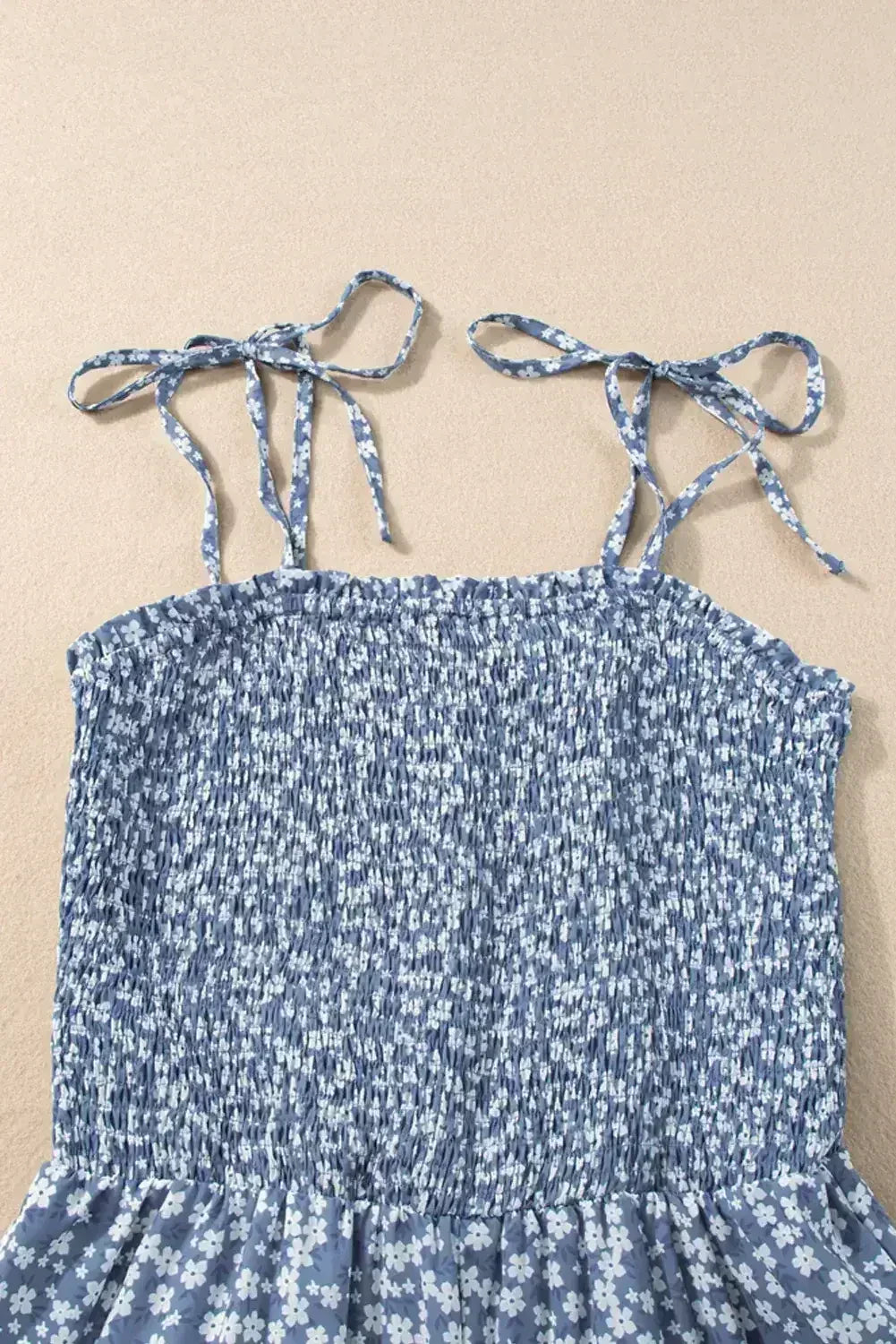 Dusk Blue Floral Print Spaghetti Straps Smocked Wide Leg Jumpsuit - Femstylo