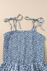 Dusk Blue Floral Print Spaghetti Straps Smocked Wide Leg Jumpsuit - Femstylo