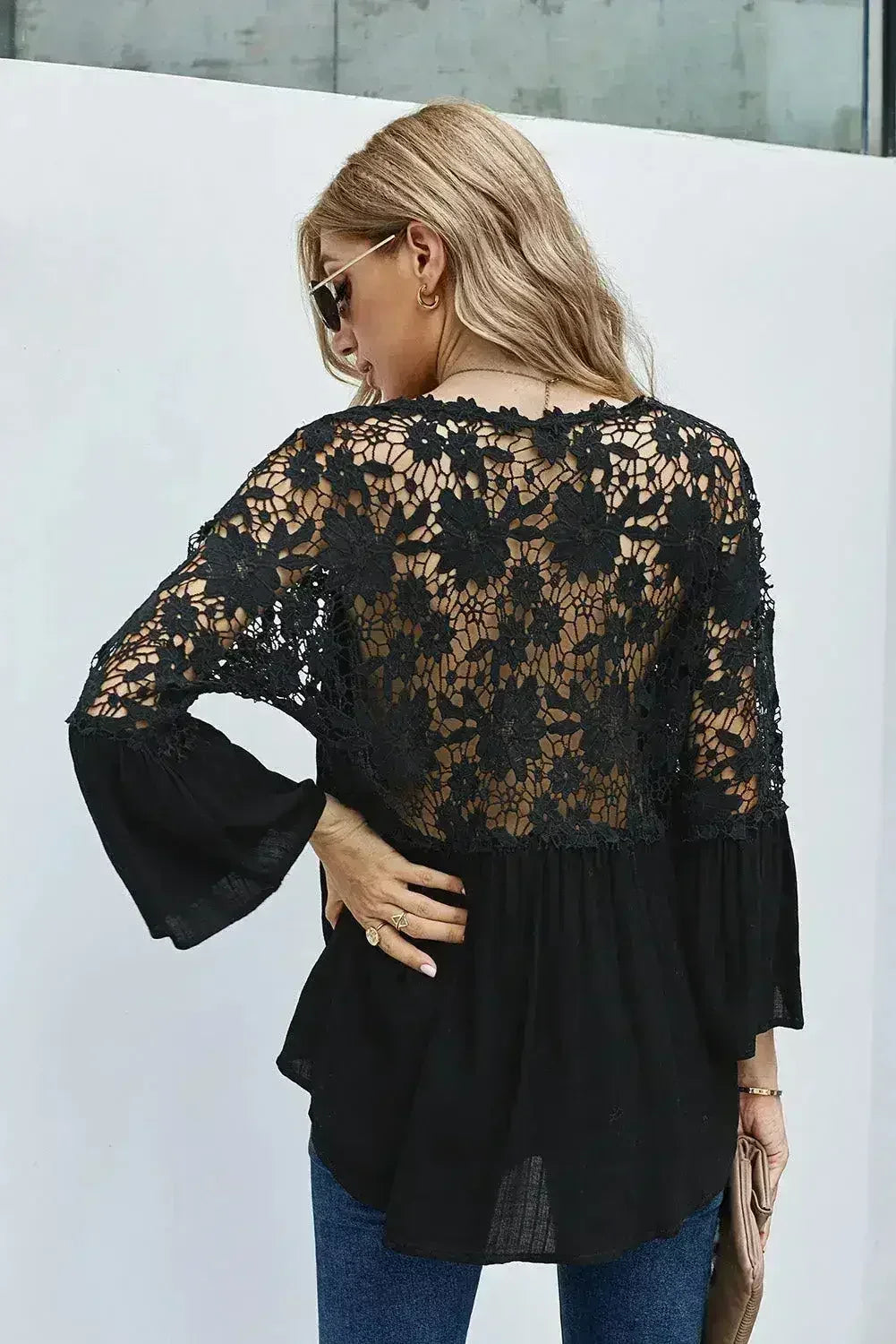 Button Long Sleeve Black Crochet Lace Blouse Top - Femstylo