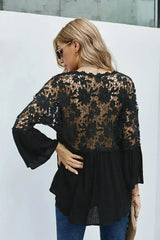 Button Long Sleeve Black Crochet Lace Blouse Top - Femstylo